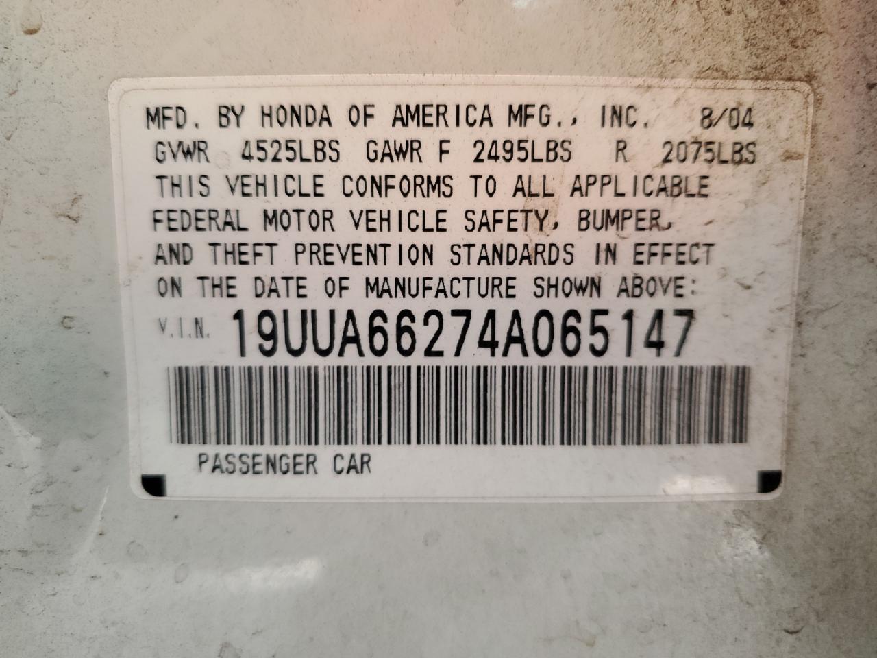 2004 Acura Tl VIN: 19UUA66274A065147 Lot: 93170665