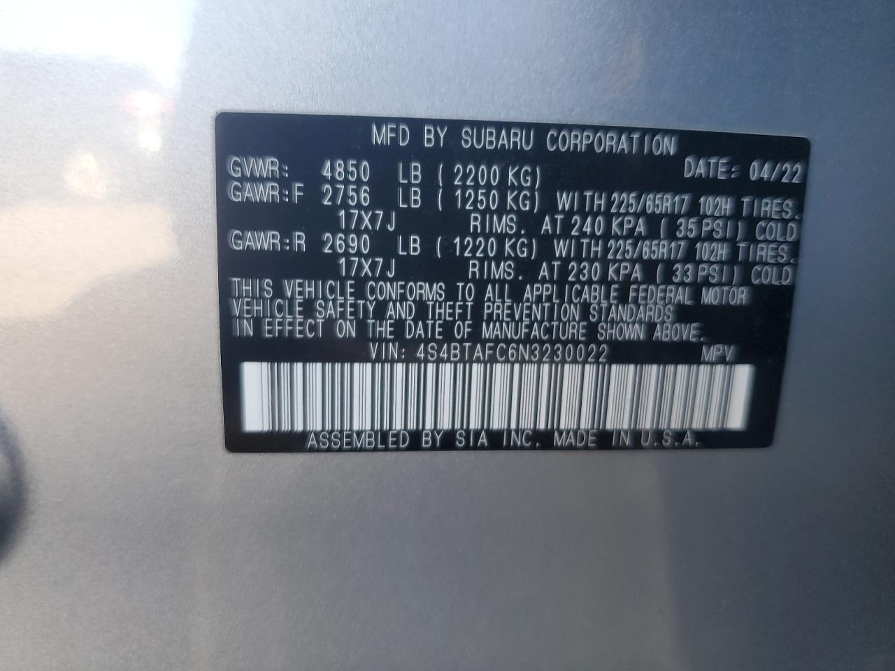 2022 Subaru Outback Premium VIN: 4S4BTAFC6N3230022 Lot: 92839245