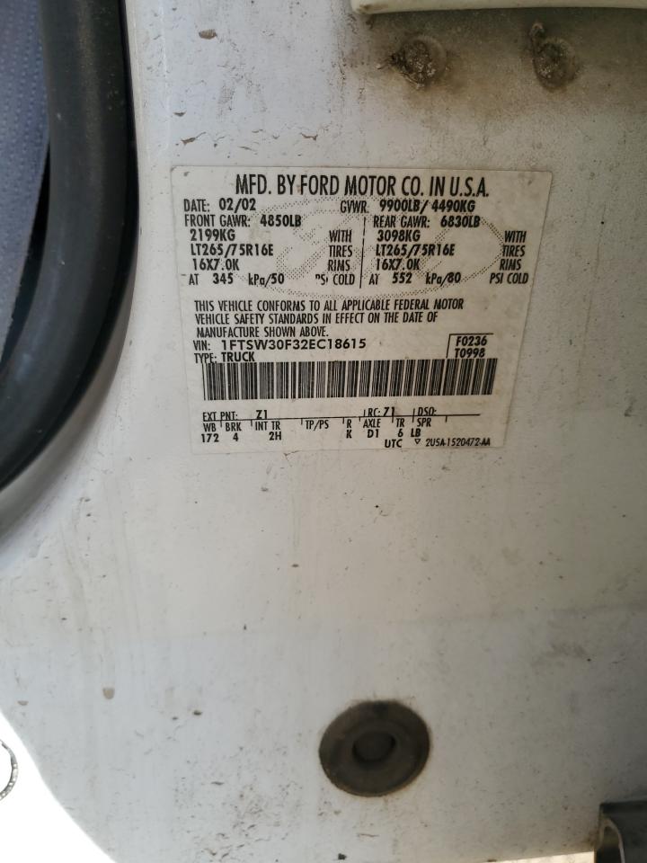 2002 Ford F350 Srw Super Duty VIN: 1FTSW30F32EC18615 Lot: 92463495
