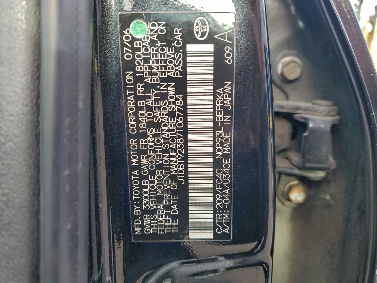 2007 Toyota Yaris VIN: JTDBT923871067784 Lot: 93154735