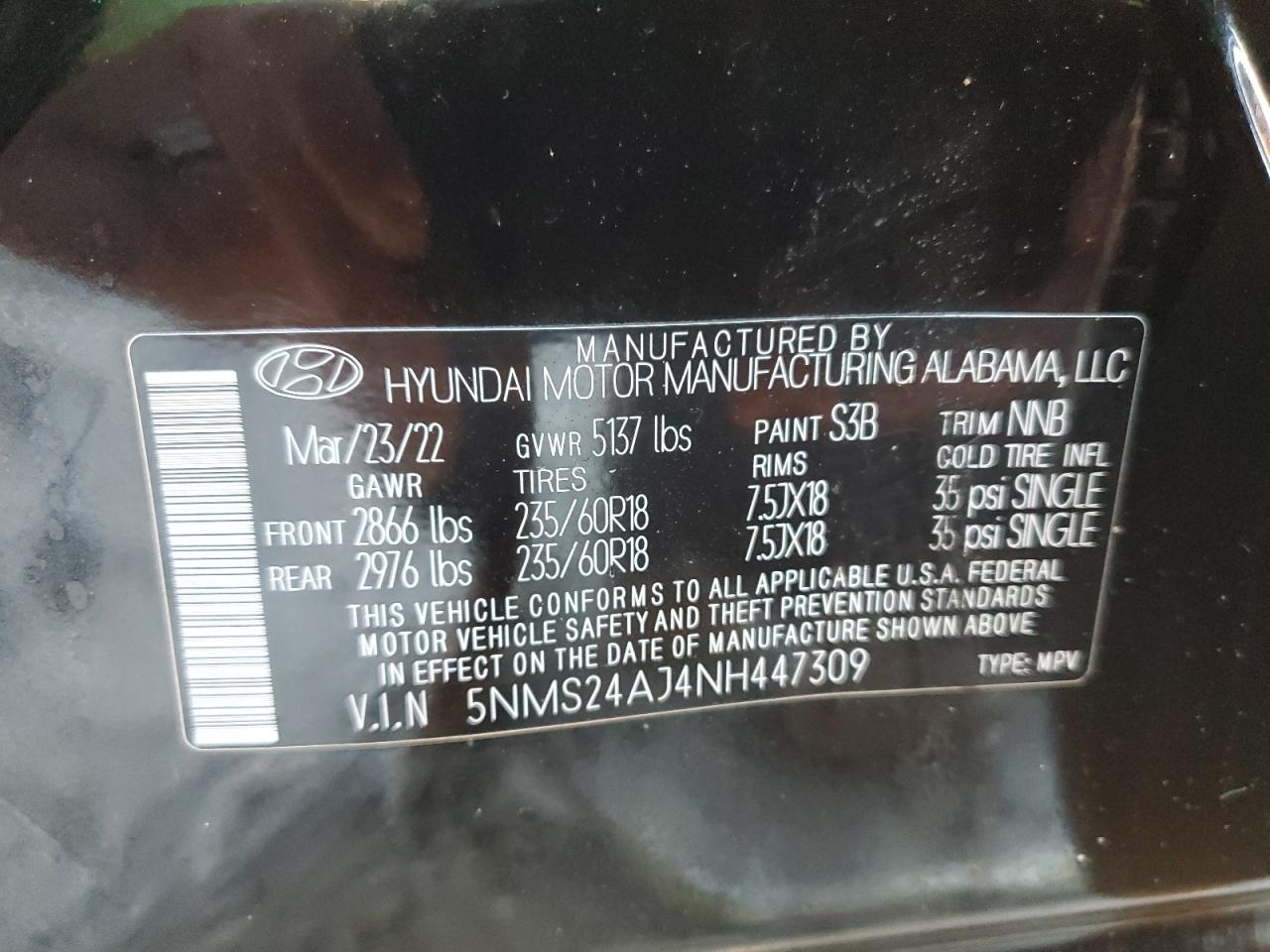 2022 Hyundai Santa Fe Sel VIN: 5NMS24AJ4NH447309 Lot: 93011745