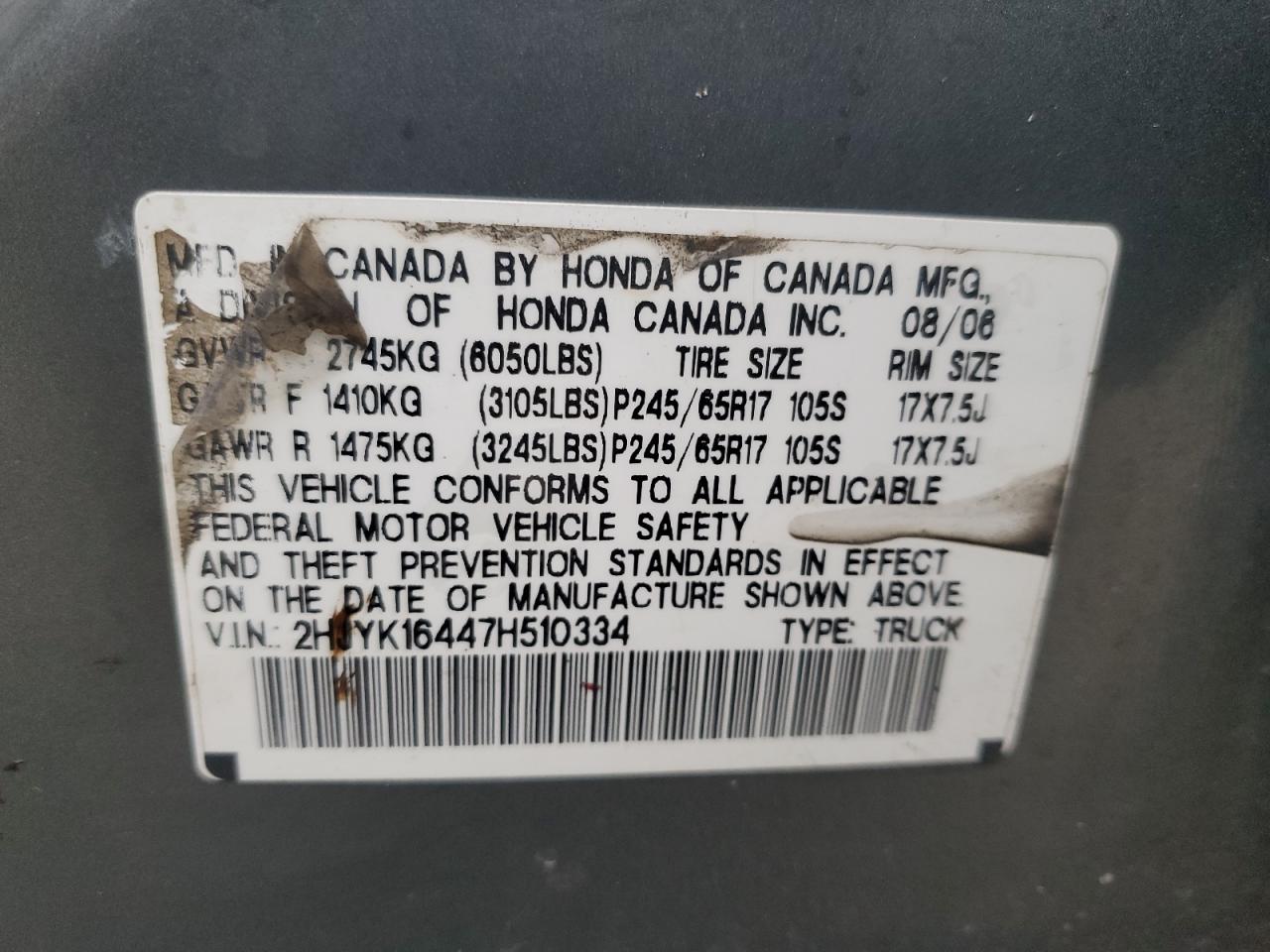 2007 Honda Ridgeline Rts VIN: 2HJYK16447H510334 Lot: 90913405