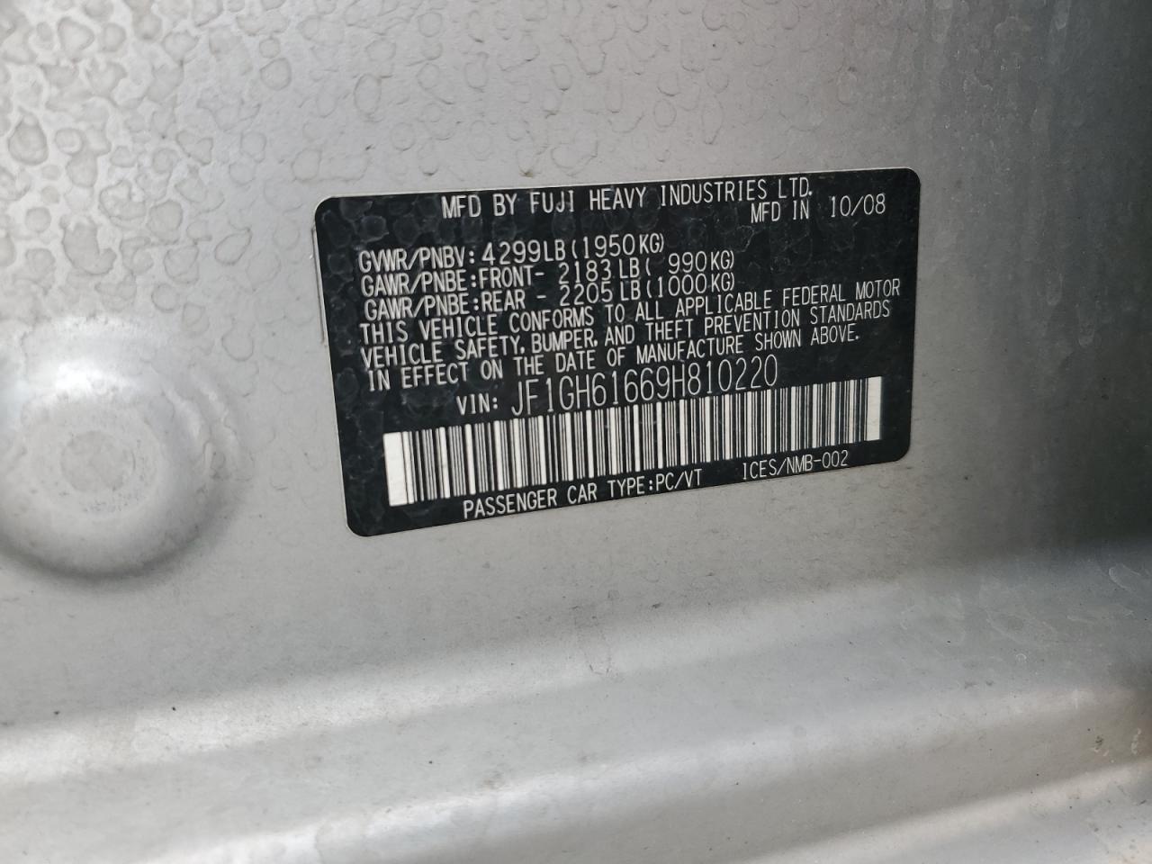 2009 Subaru Impreza 2.5I VIN: JF1GH61669H810220 Lot: 92715775