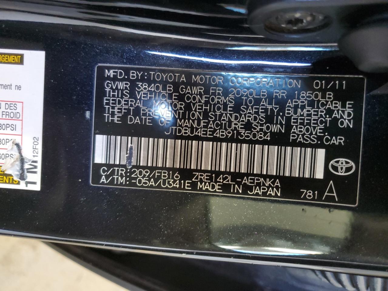 2011 Toyota Corolla Base VIN: JTDBU4EE4B9135084 Lot: 91201935