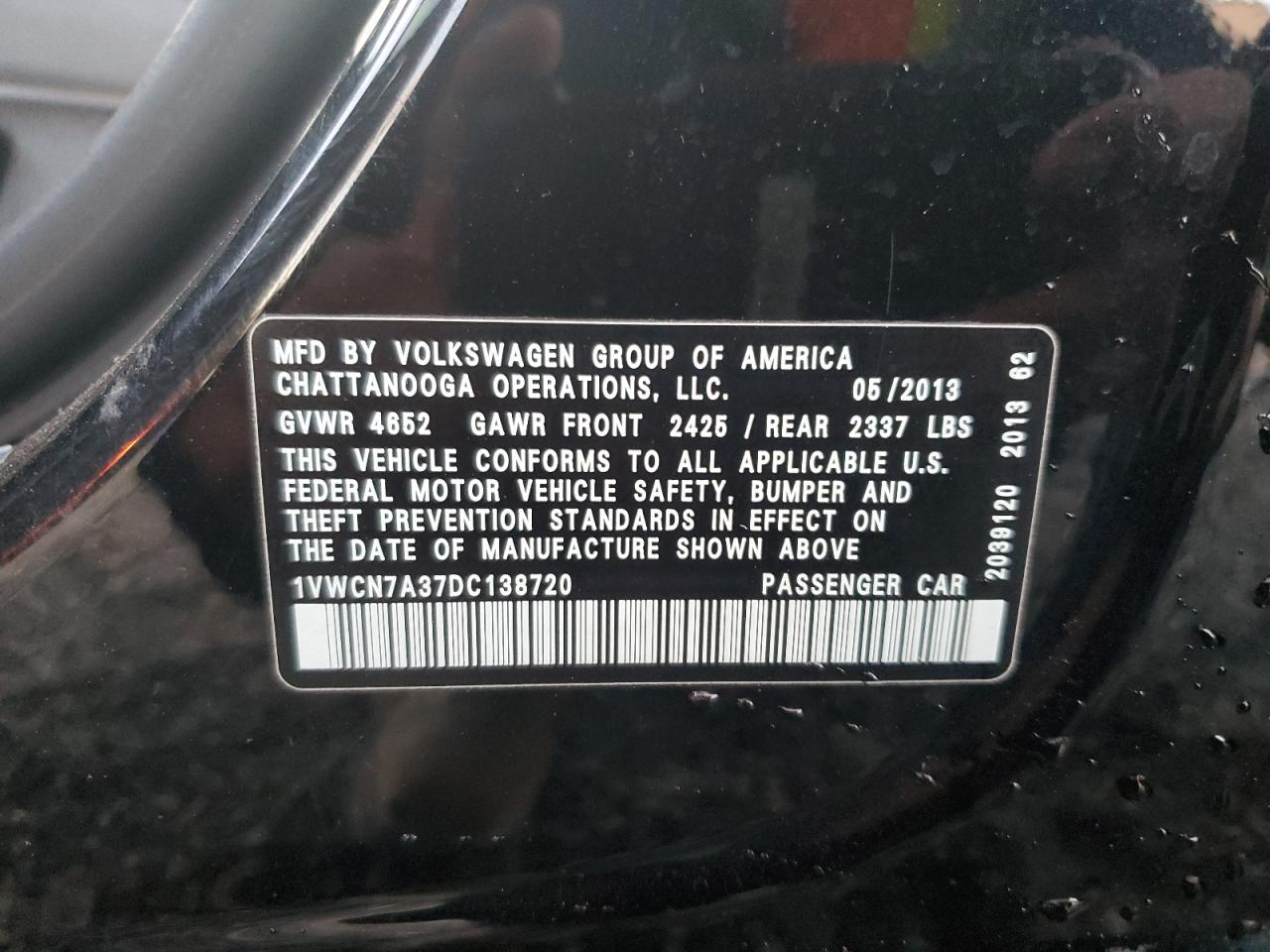 2013 Volkswagen Passat Sel VIN: 1VWCN7A37DC138720 Lot: 92093895