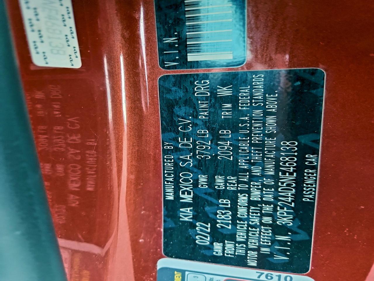 2022 Kia Forte Fe VIN: 3KPF24AD5NE468138 Lot: 94658035