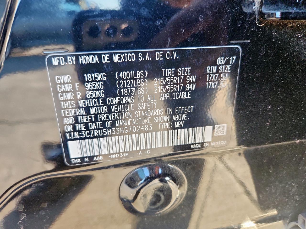 2017 Honda Hr-V Lx VIN: 3CZRU5H33HG702483 Lot: 91323565