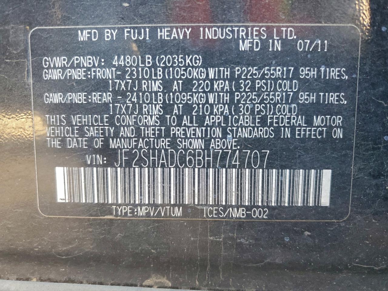 2011 Subaru Forester 2.5X Premium VIN: JF2SHADC6BH774707 Lot: 93299785