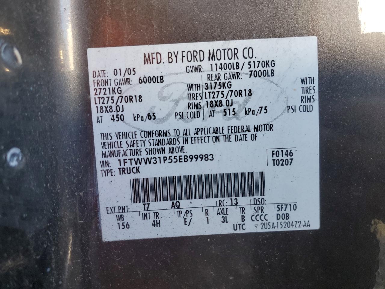 2005 Ford F350 Srw Super Duty VIN: 1FTWW31P55EB99983 Lot: 92412595