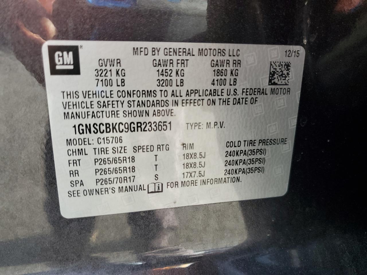 2016 Chevrolet Tahoe C1500 Lt VIN: 1GNSCBKC9GR233651 Lot: 92303425