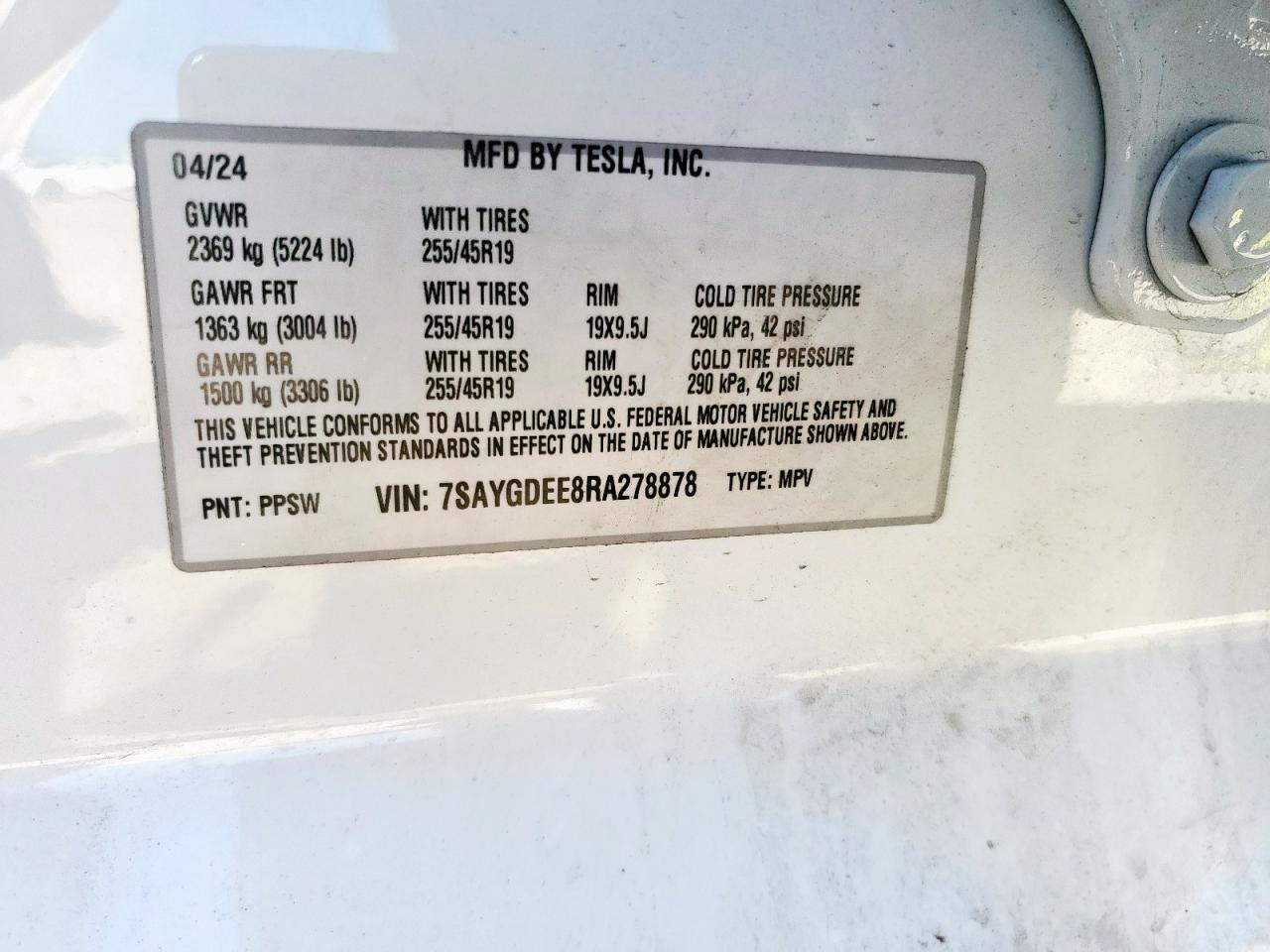 2024 Tesla Model Y VIN: 7SAYGDEE8RA278878 Lot: 91711105