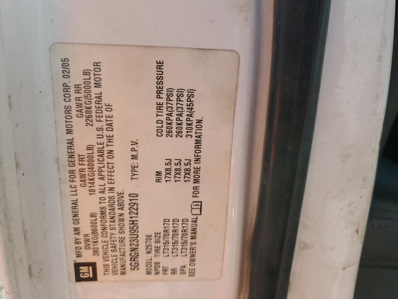 2005 Hummer H2 VIN: 5GRGN23U95H122910 Lot: 93418975