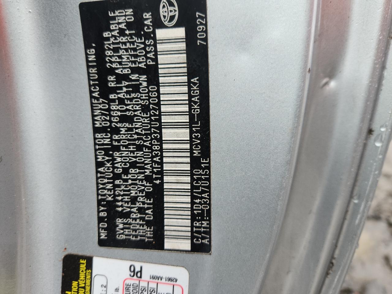 2007 Toyota Camry Solara Se VIN: 4T1FA38P37U127060 Lot: 93681725