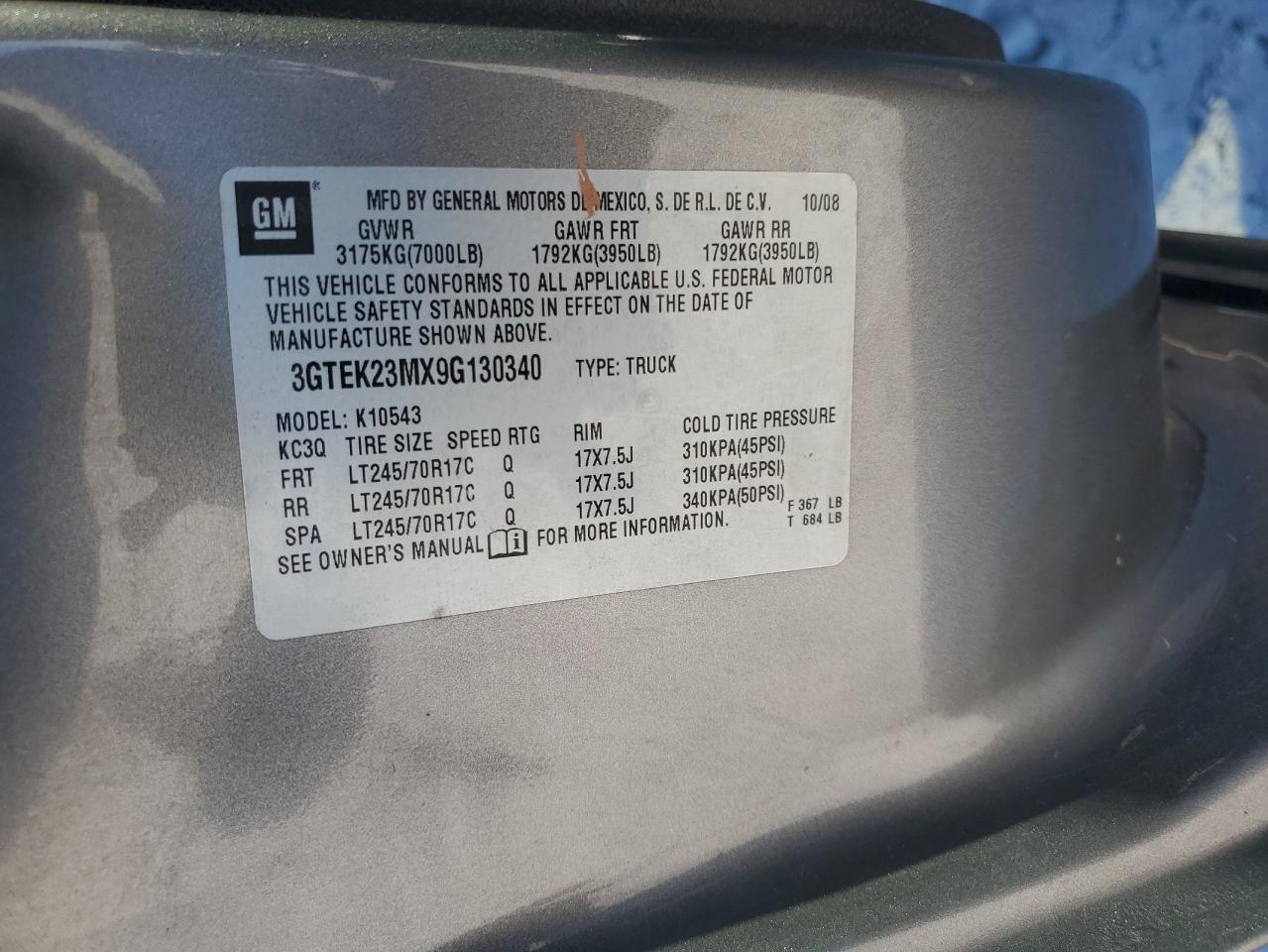 2009 GMC Sierra K1500 Sle VIN: 3GTEK23MX9G130340 Lot: 93209575