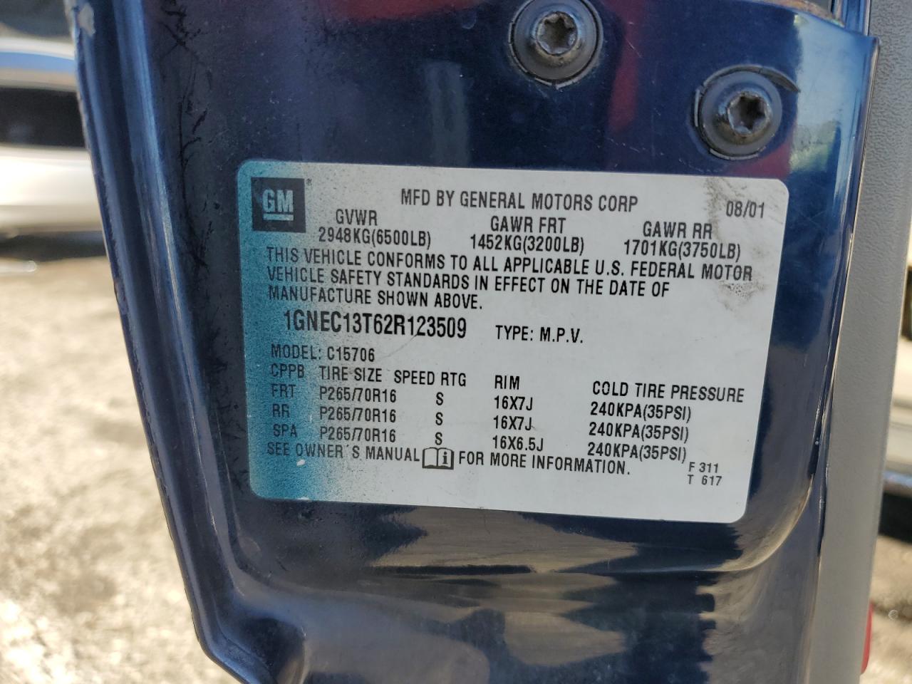 2002 Chevrolet Tahoe C1500 VIN: 1GNEC13T62R123509 Lot: 93084115