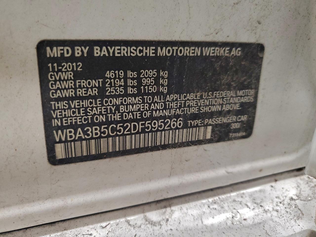 2013 BMW 328 Xi Sulev VIN: WBA3B5C52DF595266 Lot: 94796435