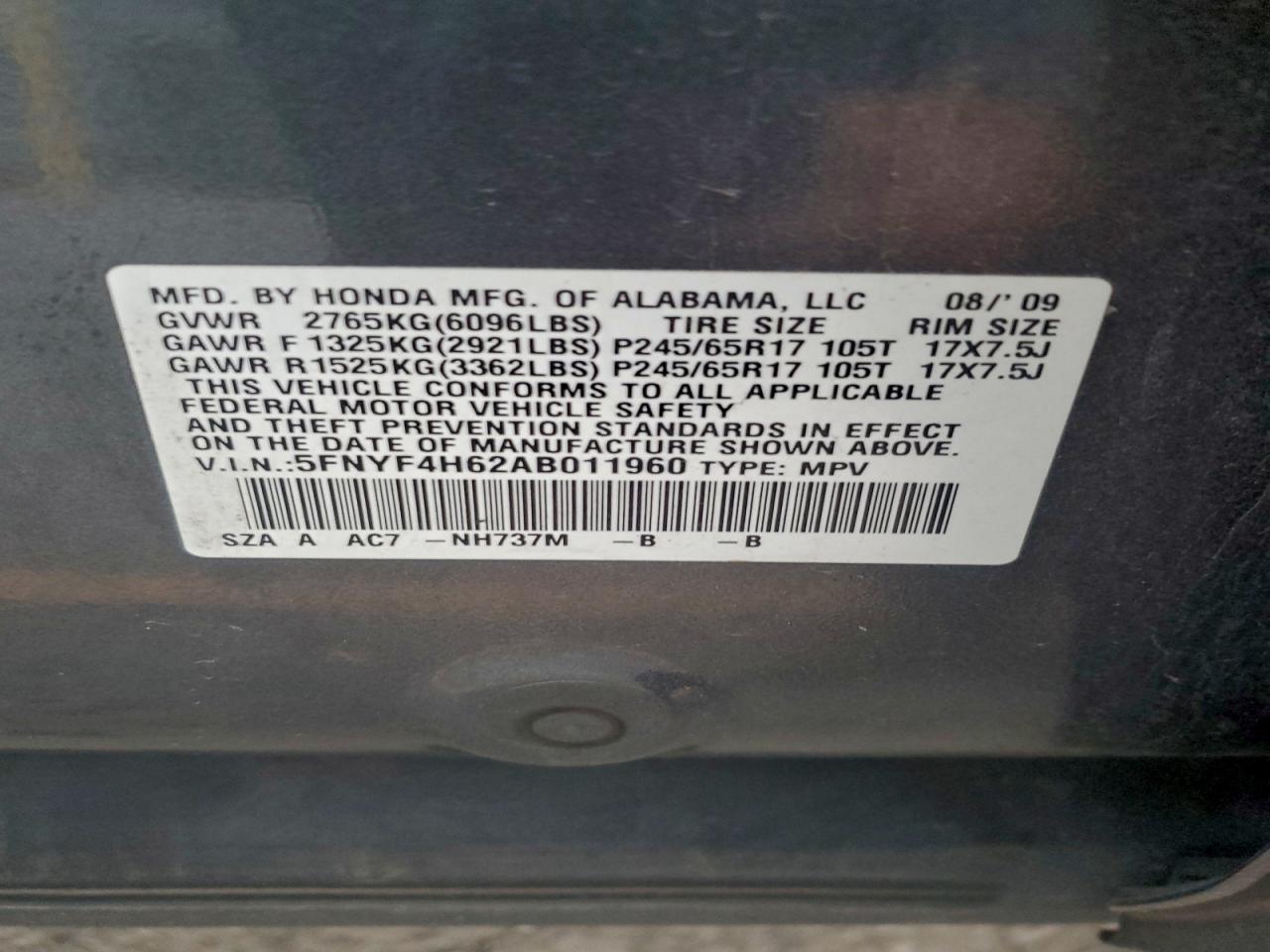 2010 Honda Pilot Exl VIN: 5FNYF4H62AB011960 Lot: 94035505