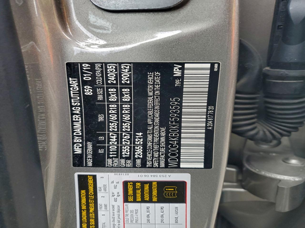 2019 Mercedes-Benz Glc 300 4Matic VIN: WDC0G4KB0KF593595 Lot: 93865925