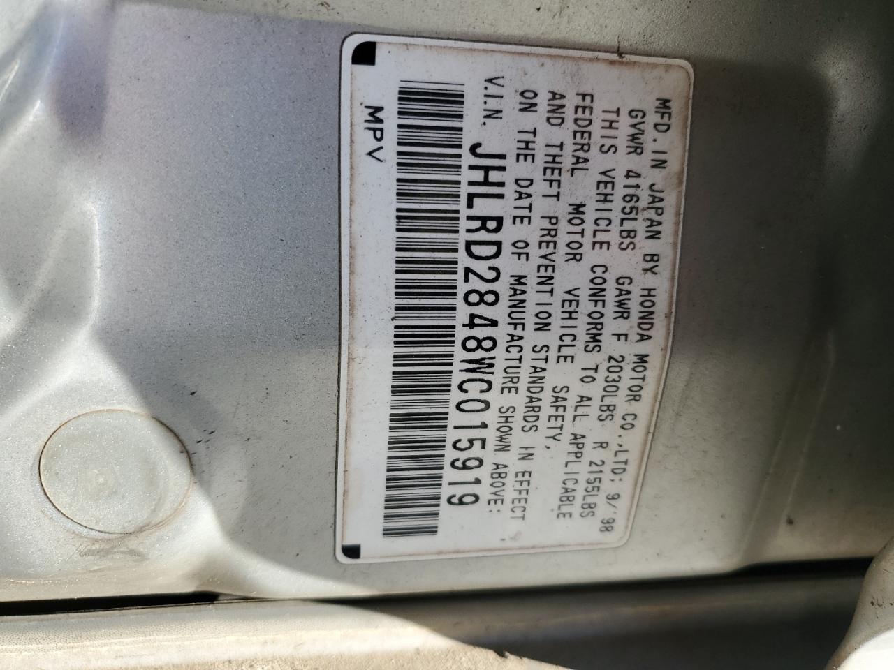 1998 Honda Cr-V Lx VIN: JHLRD2848WC015919 Lot: 91824615