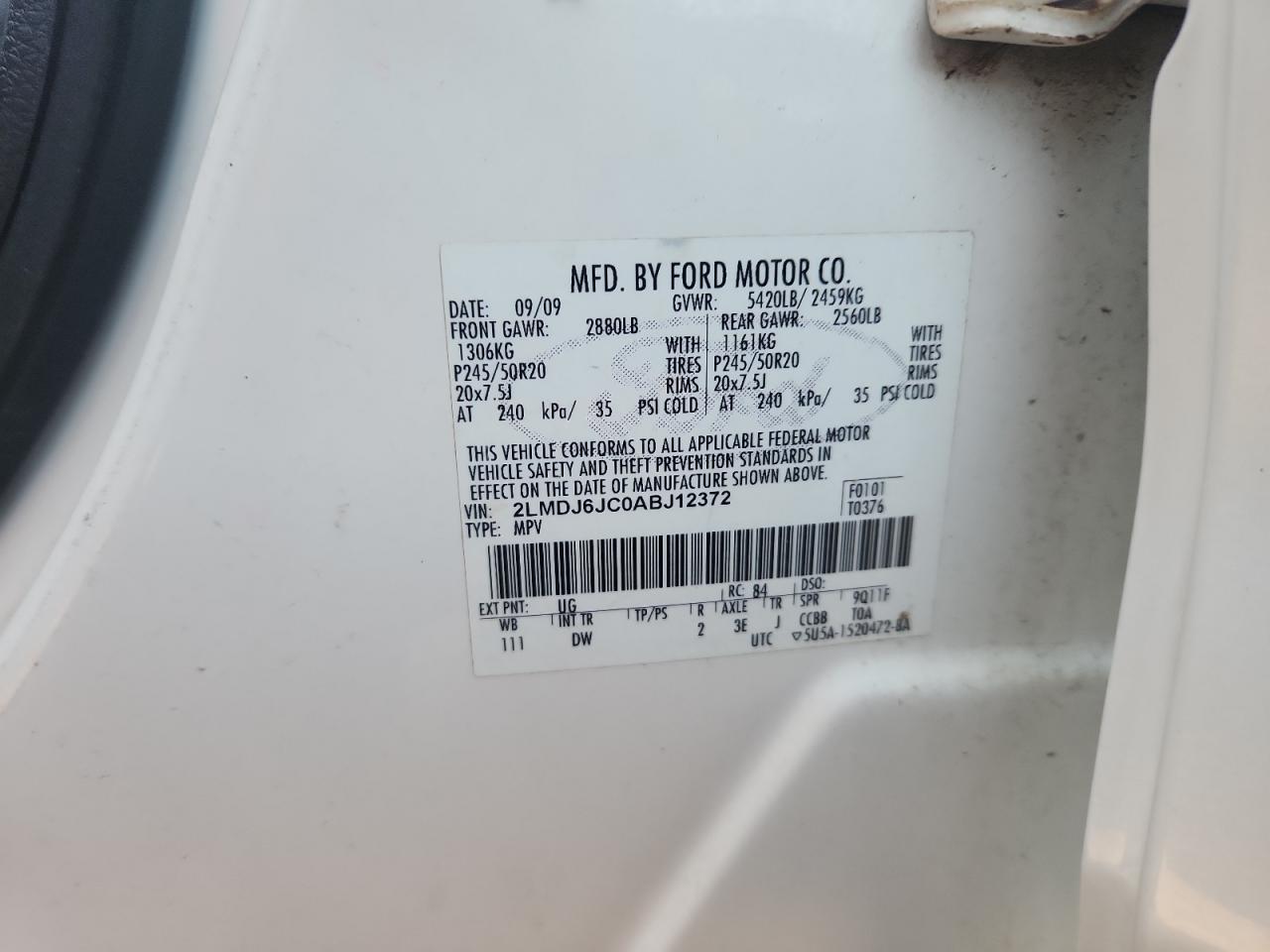 2010 Lincoln Mkx VIN: 2LMDJ6JC0ABJ12372 Lot: 85407095