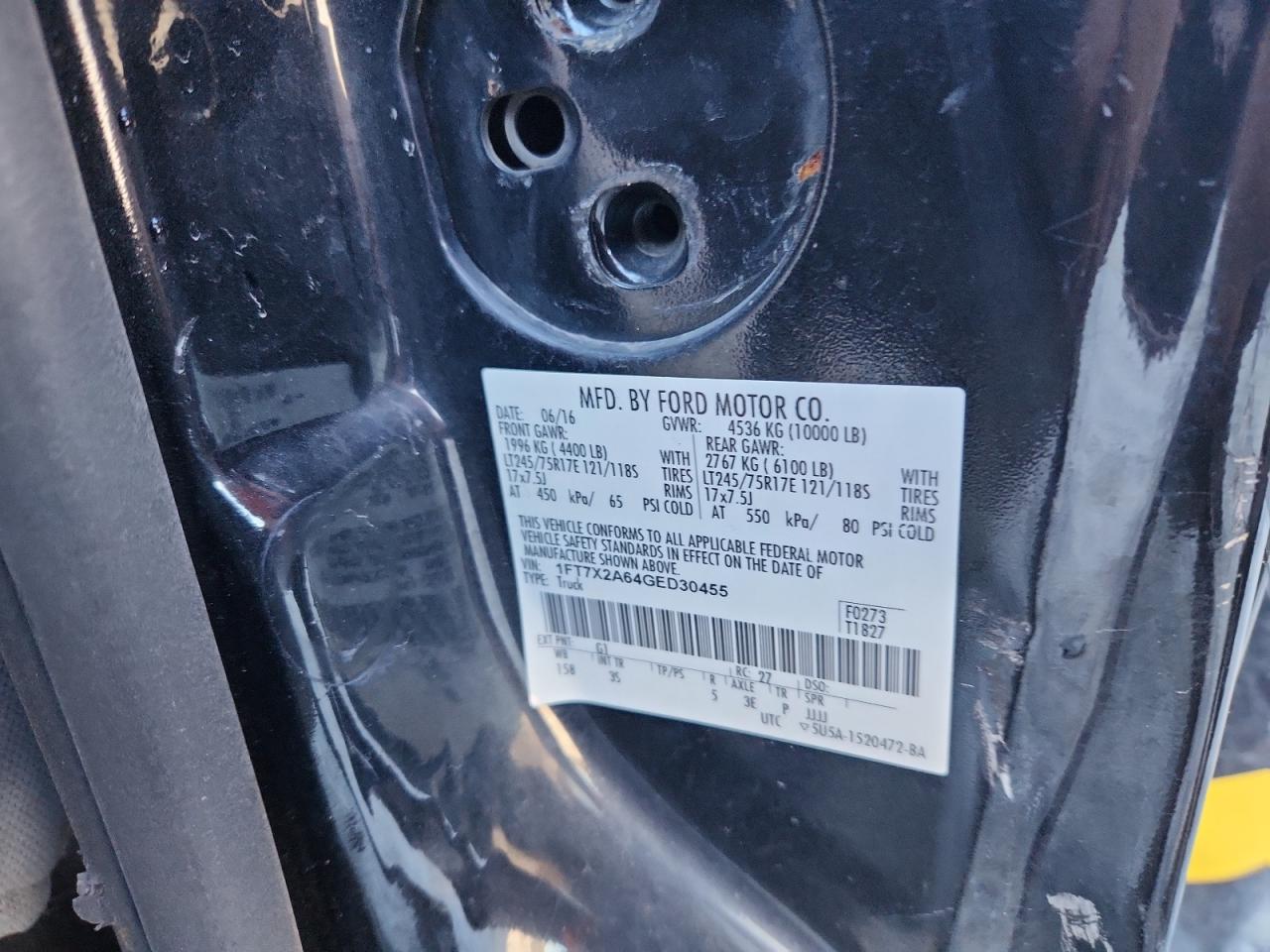 2016 Ford F250 Super Duty VIN: 1FT7X2A64GED30455 Lot: 91821405