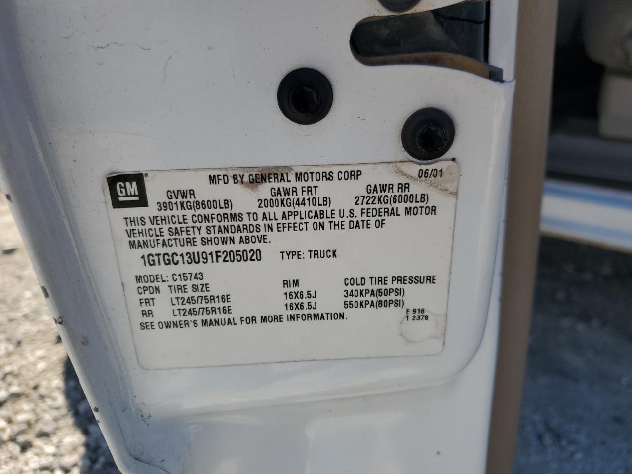 2001 GMC Sierra C1500 Heavy Duty VIN: 1GTGC13U91F205020 Lot: 91367265