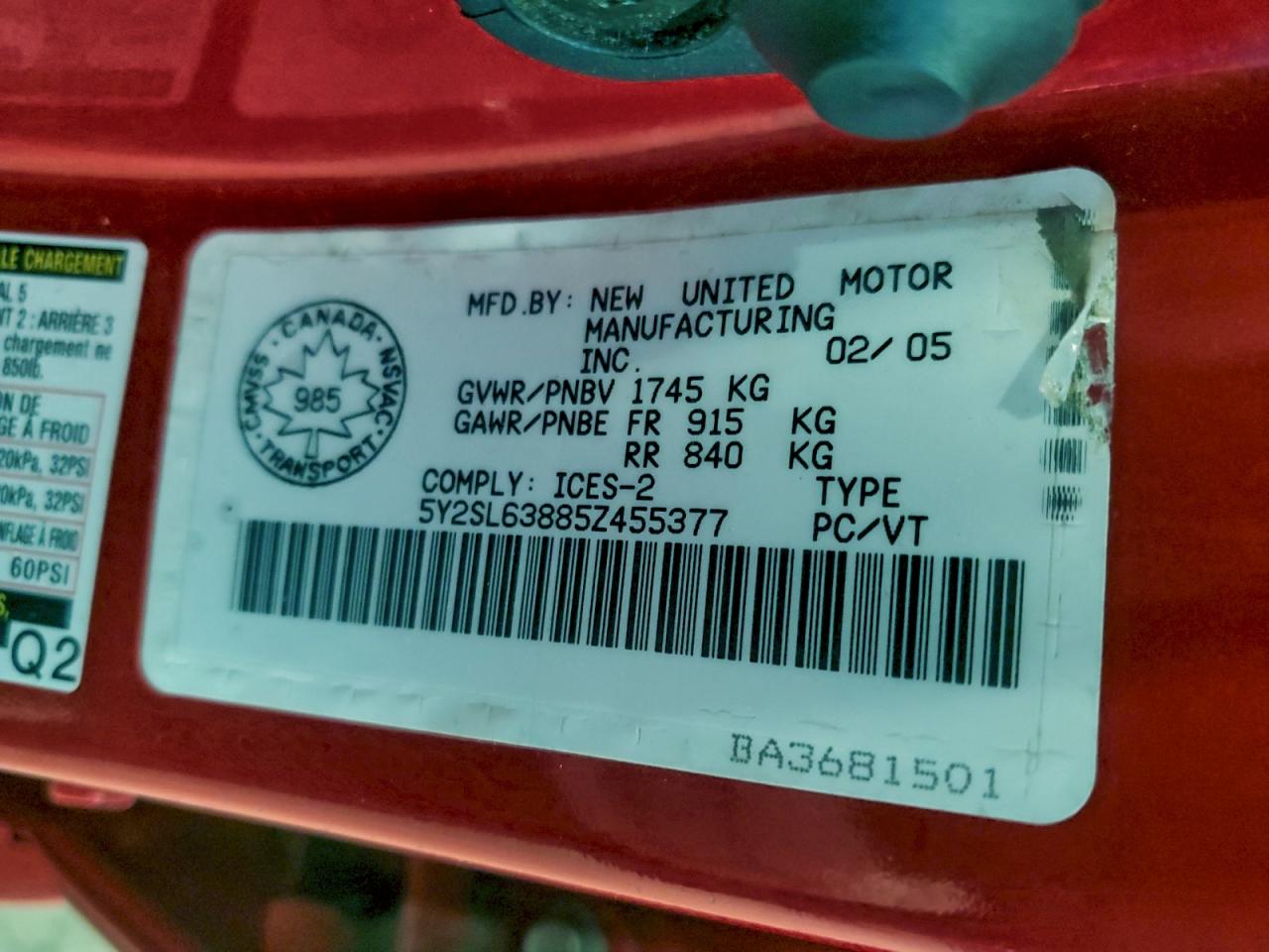 2005 Pontiac Vibe VIN: 5Y2SL63885Z455377 Lot: 94025515