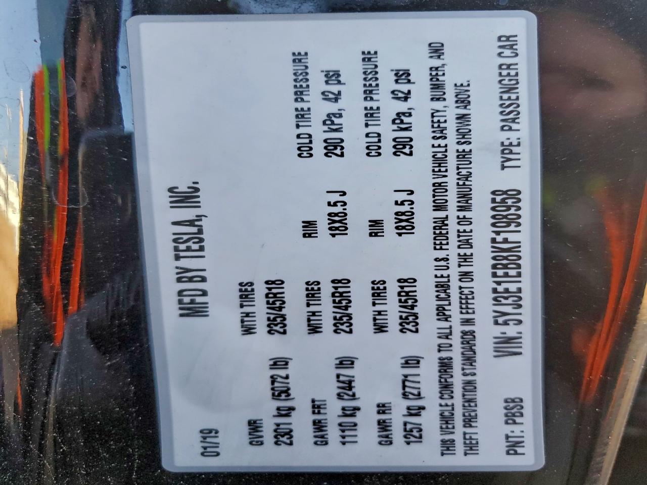 2019 Tesla Model 3 VIN: 5YJ3E1EB8KF198958 Lot: 94281405