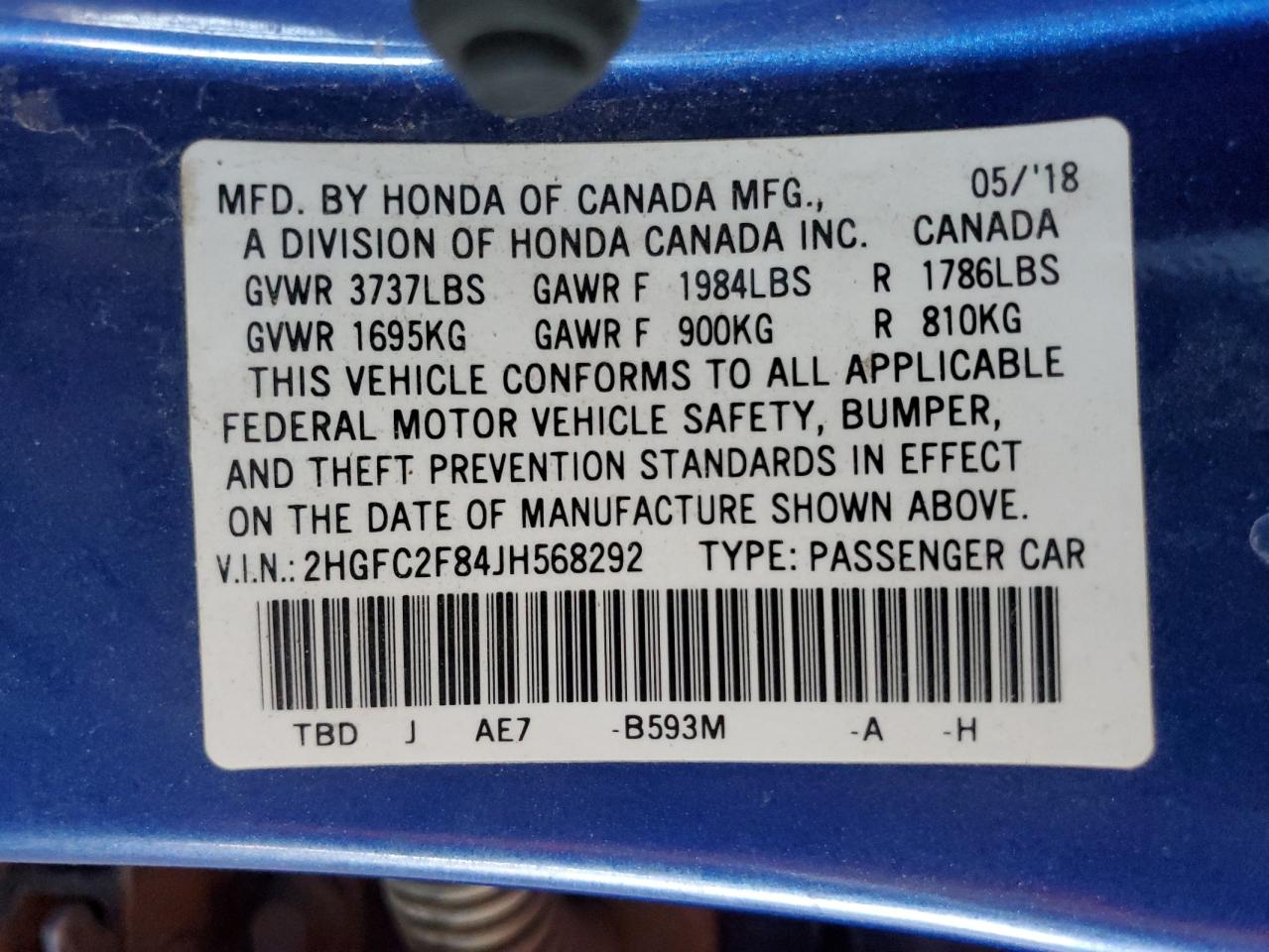 2018 Honda Civic Ex VIN: 2HGFC2F84JH568292 Lot: 91347555