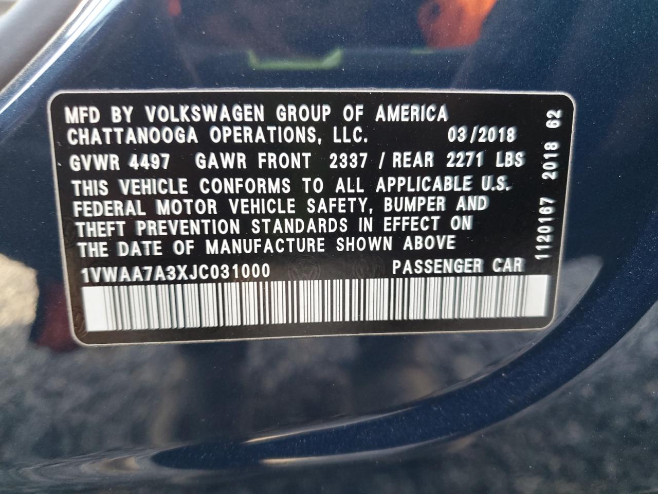 2018 Volkswagen Passat S VIN: 1VWAA7A3XJC031000 Lot: 93539545