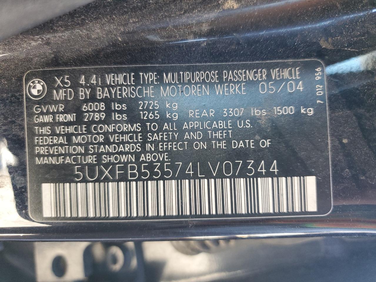 2004 BMW X5 4.4I VIN: 5UXFB53574LV07344 Lot: 90272965