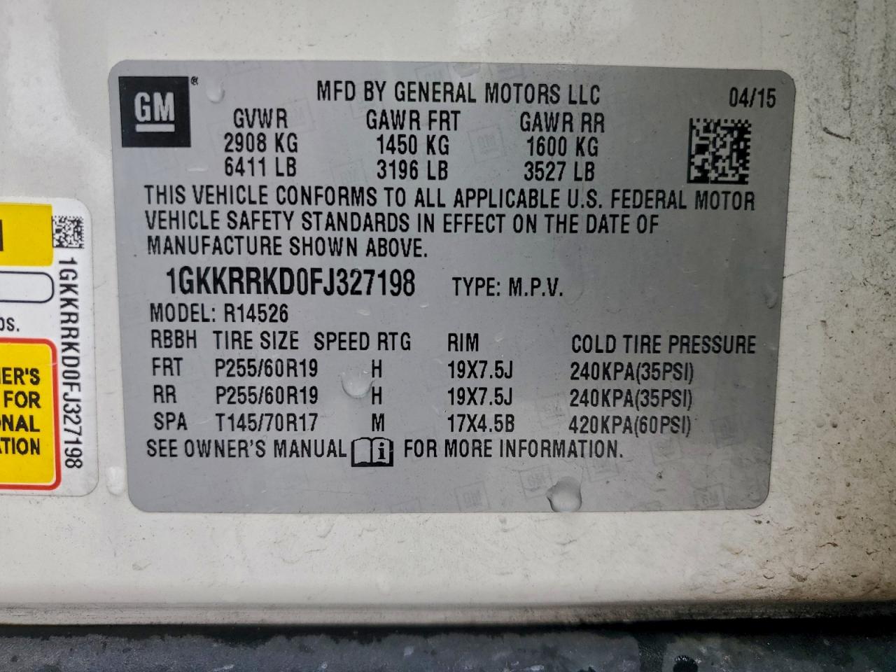 2015 GMC Acadia Slt-1 VIN: 1GKKRRKD0FJ327198 Lot: 93621215