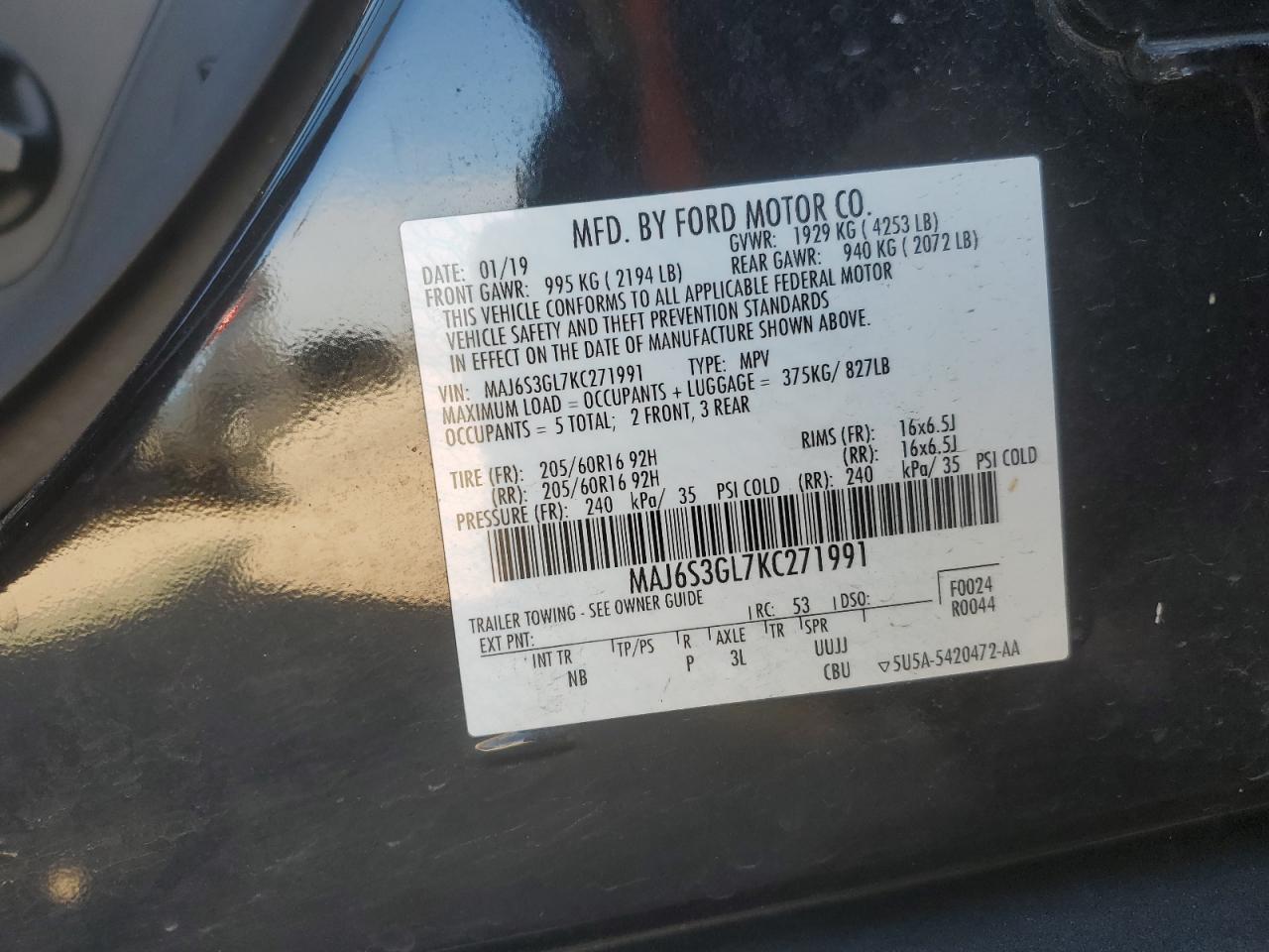 2019 Ford Ecosport Se VIN: MAJ6S3GL7KC271991 Lot: 92016845