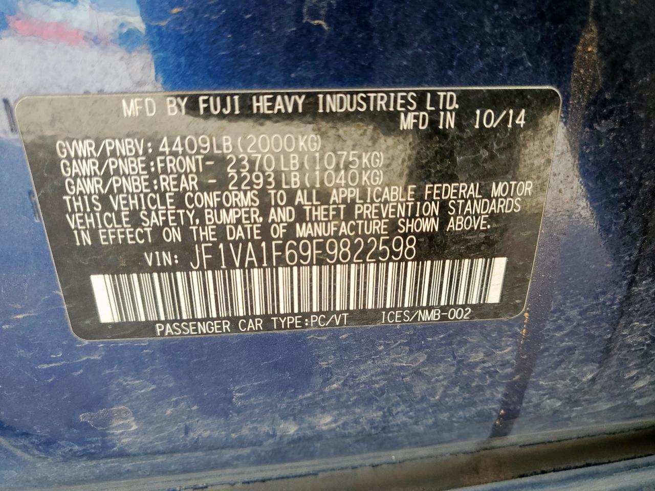 2015 Subaru Wrx Premium VIN: JF1VA1F69F9822598 Lot: 93659135