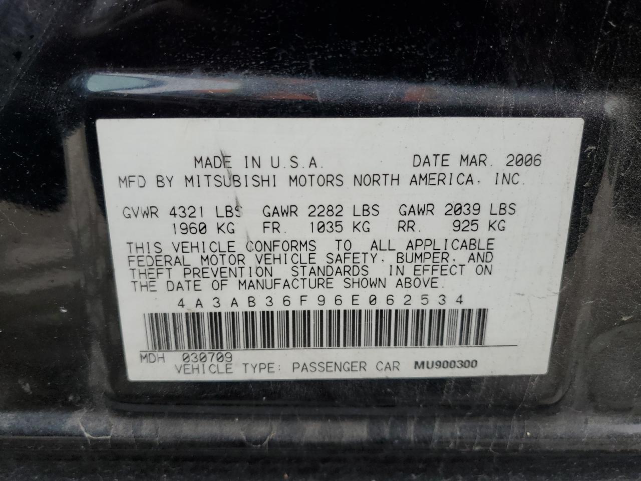 2006 Mitsubishi Galant Es Medium VIN: 4A3AB36F96E062534 Lot: 93533385