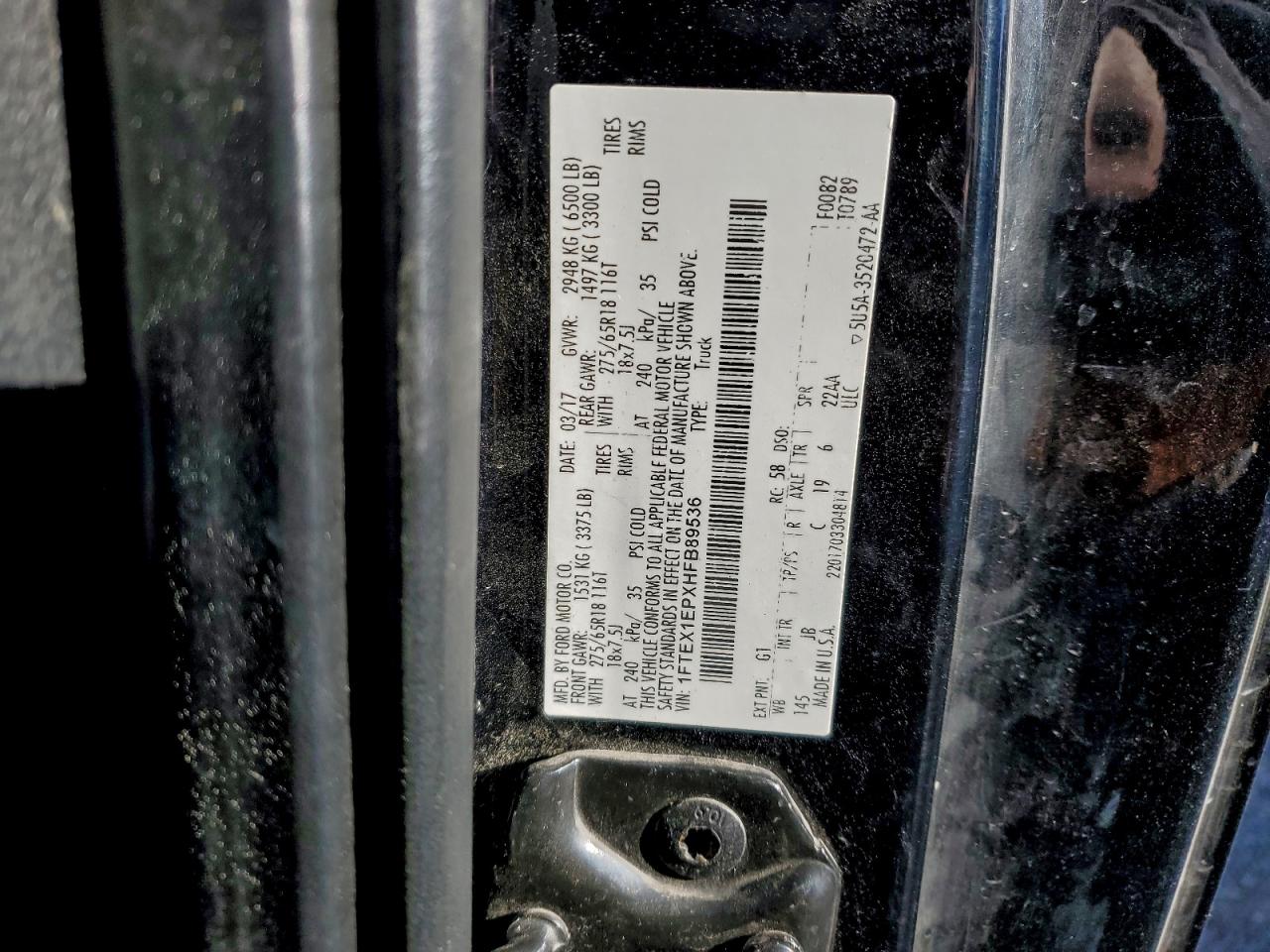 2017 Ford F150 Super Cab VIN: 1FTEX1EPXHFB89536 Lot: 94351195