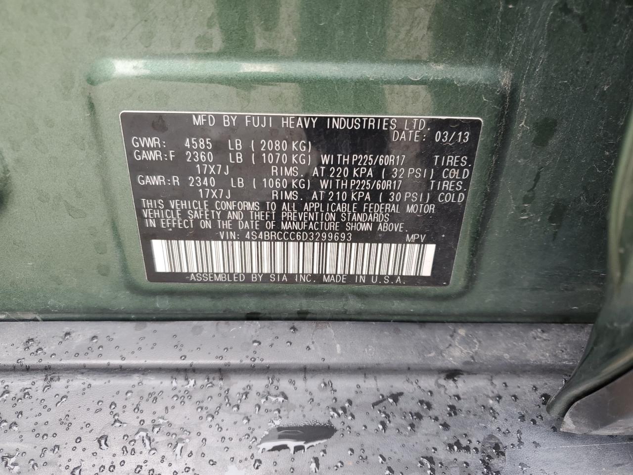 2013 Subaru Outback 2.5I Premium VIN: 4S4BRCCC6D3299693 Lot: 93093165