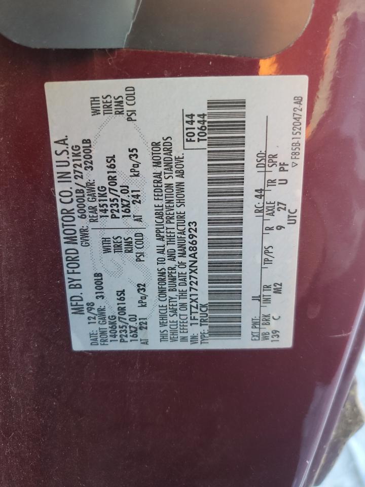 1999 Ford F150 VIN: 1FTZX1727XNA86923 Lot: 92277975