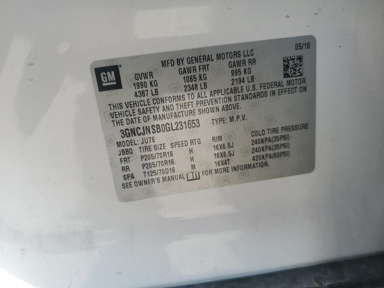 2016 Chevrolet Trax Ls VIN: 3GNCJNSB0GL231653 Lot: 92649485