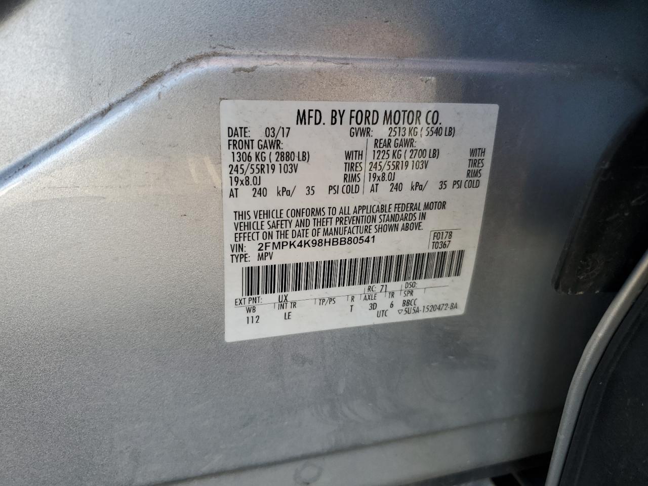 2017 Ford Edge Titanium VIN: 2FMPK4K98HBB80541 Lot: 92902095