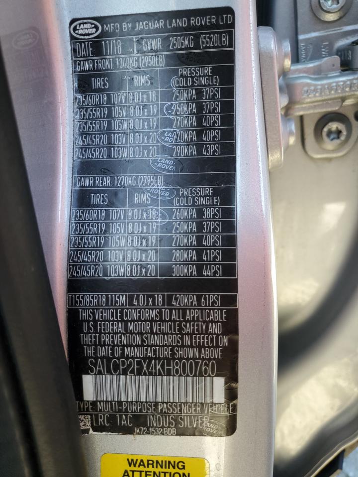 2019 Land Rover Discovery Sport Se VIN: SALCP2FX4KH800760 Lot: 92681675