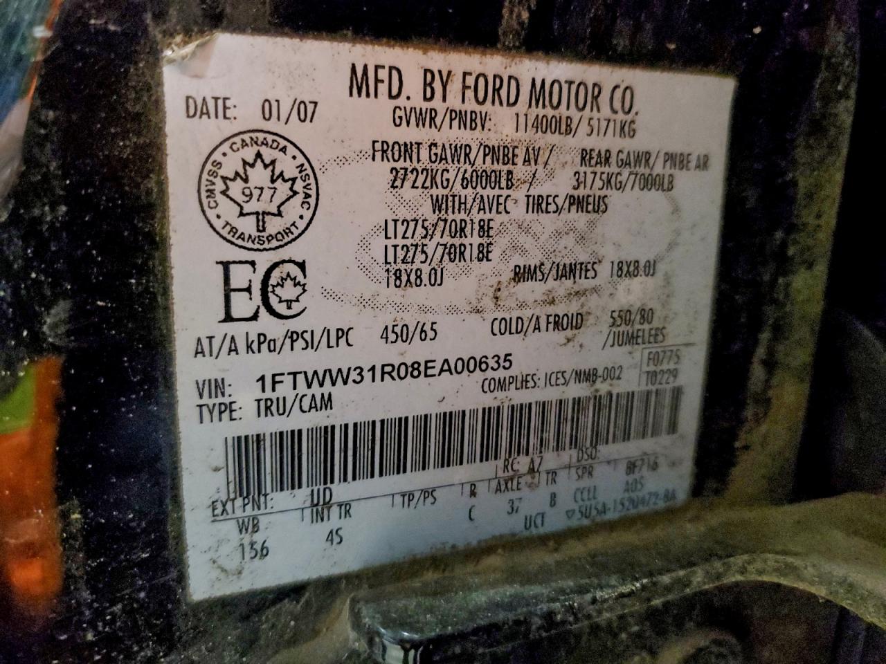 2008 Ford F350 Srw Super Duty VIN: 1FTWW31R08EA00635 Lot: 94064365