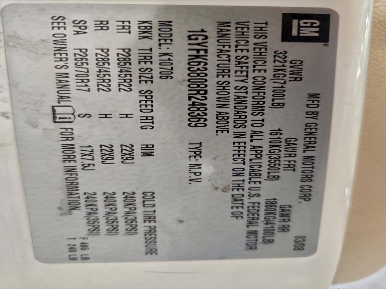 2008 Cadillac Escalade Luxury VIN: 1GYFK63808R248369 Lot: 93936155