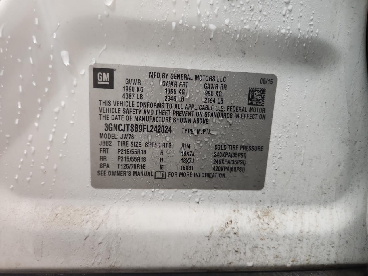 2015 Chevrolet Trax Ltz VIN: 3GNCJTSB9FL242024 Lot: 90642955