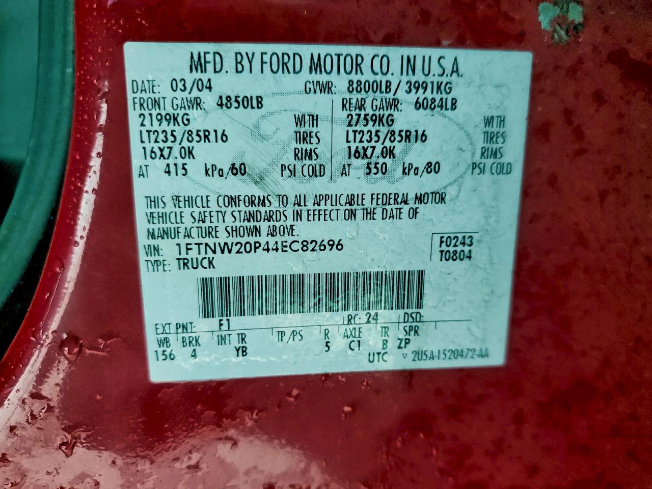 2004 Ford F250 Super Duty VIN: 1FTNW20P44EC82696 Lot: 94125595