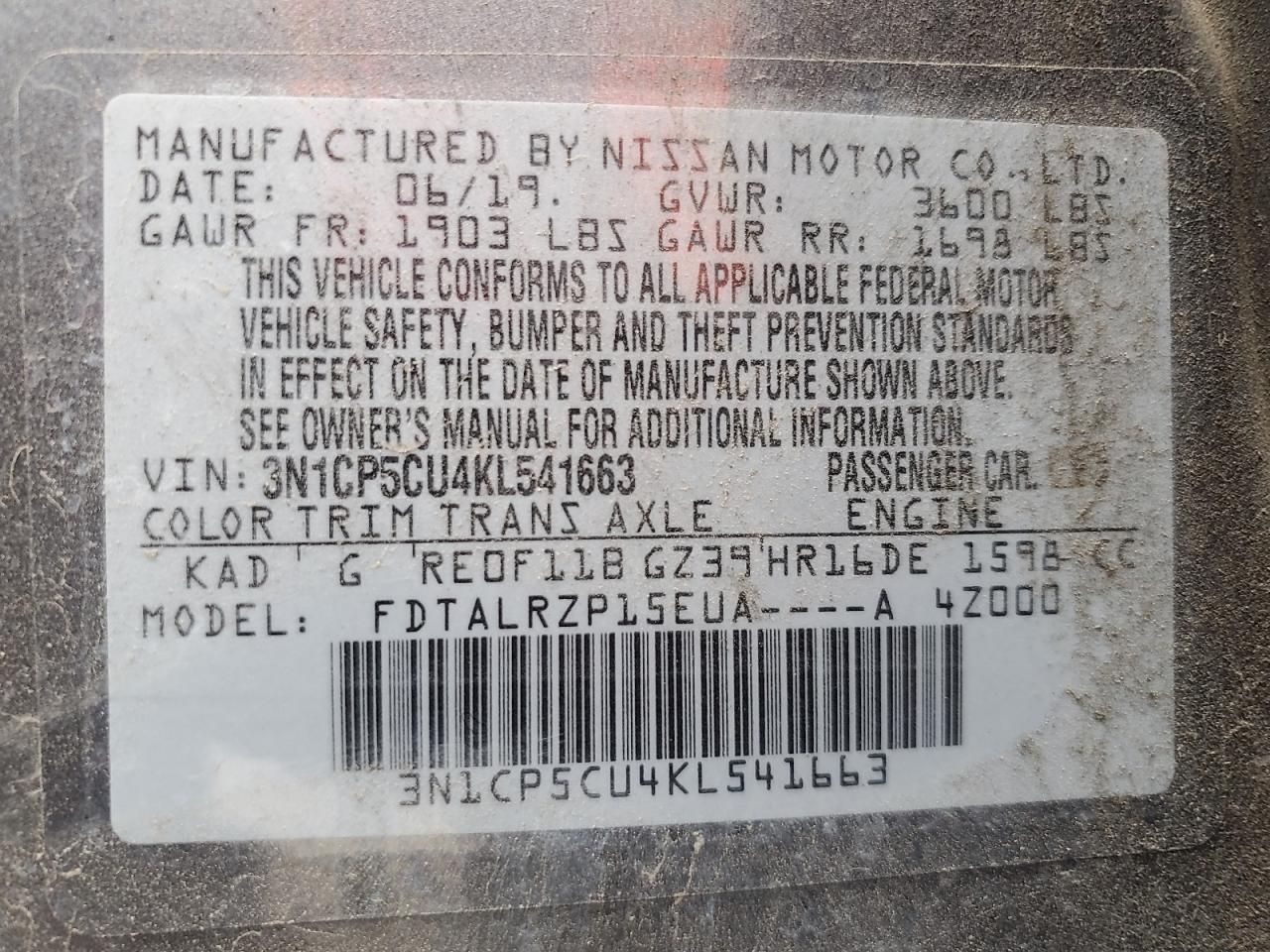 2019 Nissan Kicks S VIN: 3N1CP5CU4KL541663 Lot: 89693515