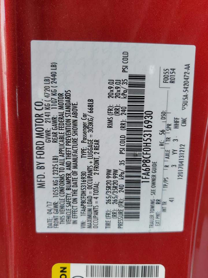 2017 Ford Mustang Gt VIN: 1FA6P8CF0H5316930 Lot: 92357395