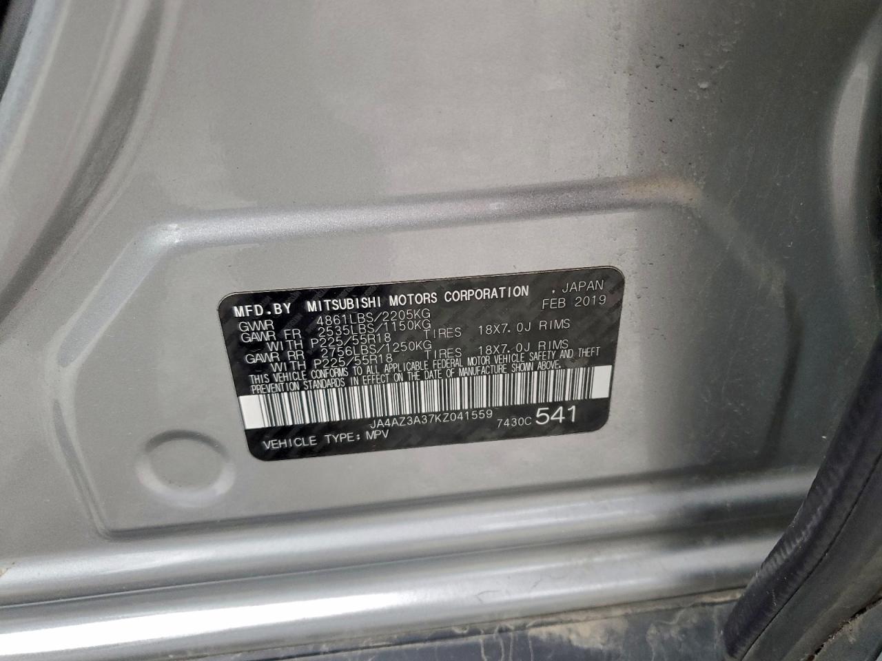 2019 Mitsubishi Outlander Se VIN: JA4AZ3A37KZ041559 Lot: 92499205