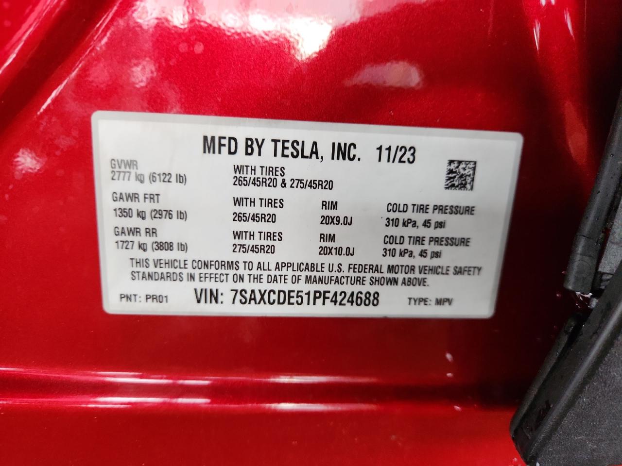 2023 Tesla Model X VIN: 7SAXCDE51PF424688 Lot: 93345725