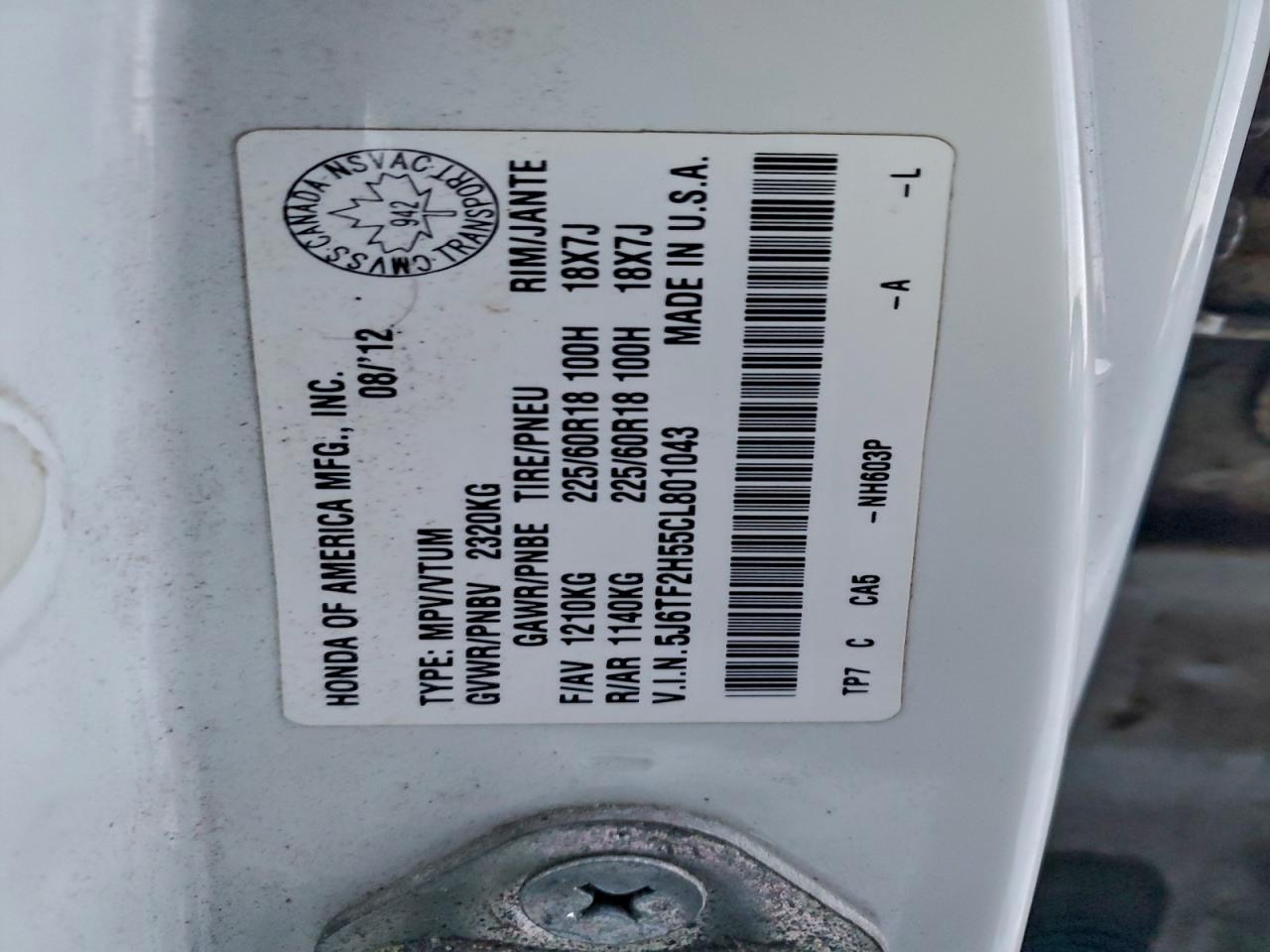 2012 Honda Crosstour Exl VIN: 5J6TF2H55CL801043 Lot: 93041645